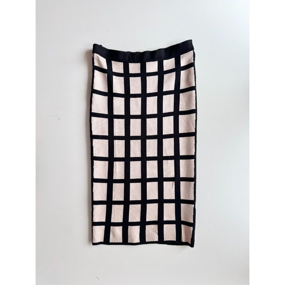 NWOT RONNY KOBO Ivory Black Knit Square Check Bodycon Bandage Skirt, Size M